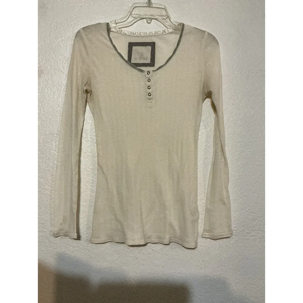 Henley Top Lace Ribbon Ivory Pointelle Ribbed Button Large Women's - Picture 1 of 8
